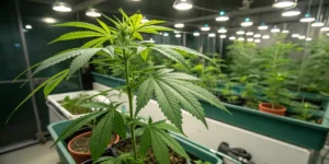 Cannabis plant in indoor grow setup showing healthy green leaves supported by chelated iron nutrients