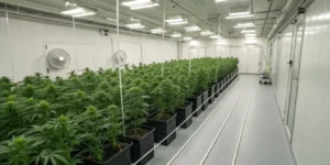 Large indoor cannabis cultivation facility with controlled conditions