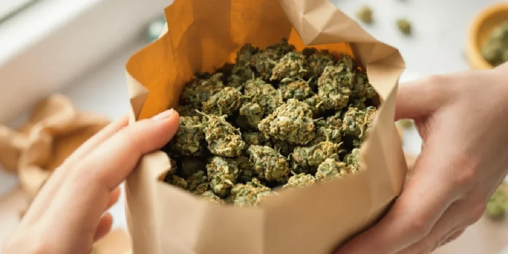 Hands holding paper bag filled with cannabis buds during curing process after harvest