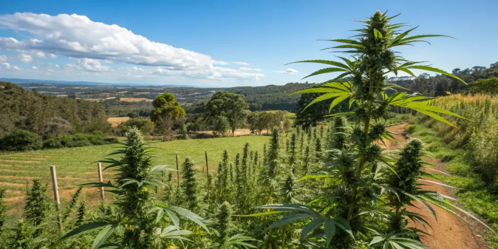 Outdoor garden displaying thriving australian bastard cannabis plants bathed in natural sunlight.