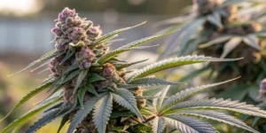 Close-up view of Banana Purple Punch Auto strain buds, showcasing dense resin and vibrant colors.