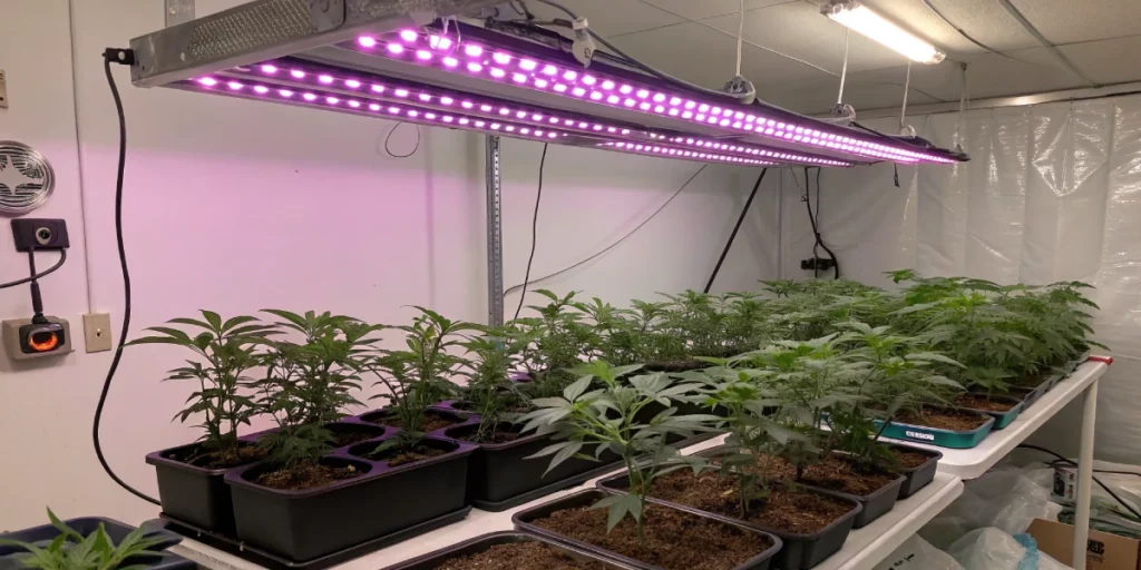 Indoor cultivation of Banana Purple Punch Auto strain with healthy plants under LED lighting in a controlled environment.