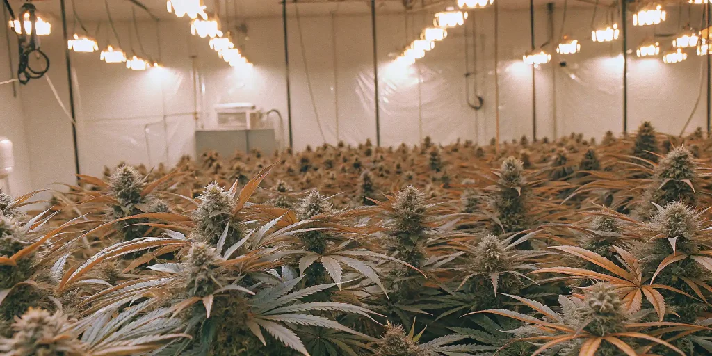 Indoor cannabis grow room with flowering plants under LED lights.