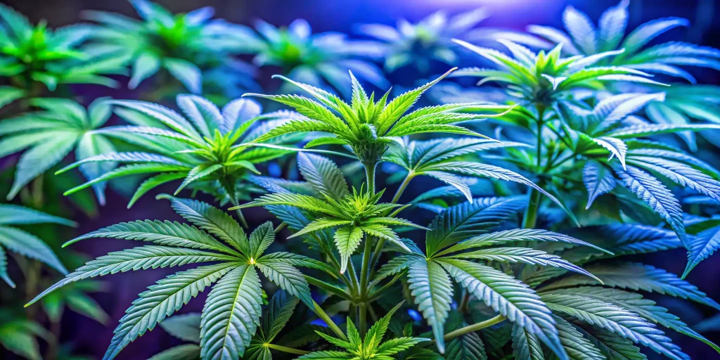 Close-up of thriving cannabis clones under the best light for clones, showcasing vibrant green leaves and strong growth.