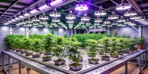 A modern grow room featuring the best light for clones, highlighting efficient LED technology for healthy cannabis plants.