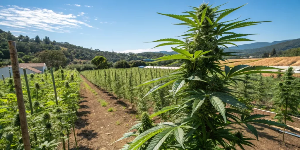 Outdoor cultivation of Big Bang strain with healthy, vibrant plants under natural sunlight.
