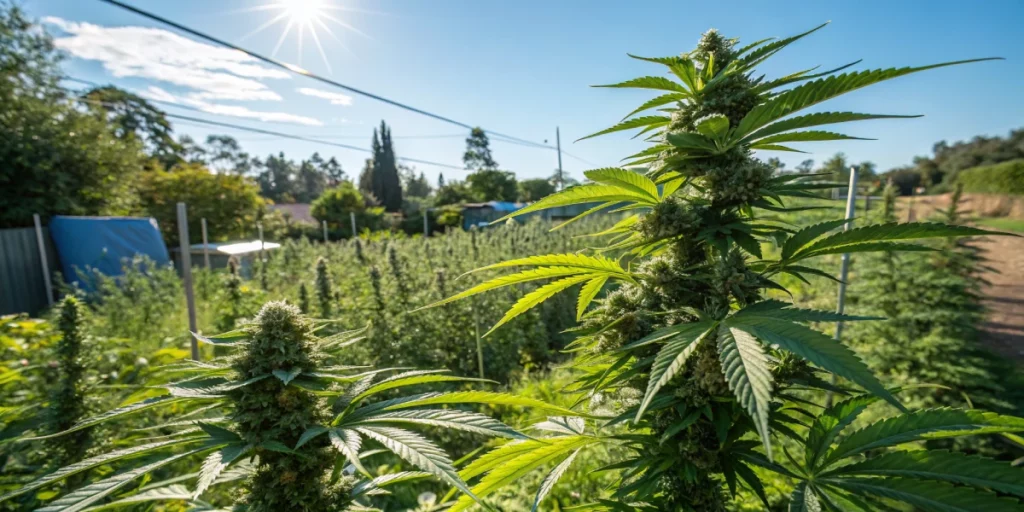 Outdoor view of thriving Blue Dream Auto strain plants in natural sunlight.