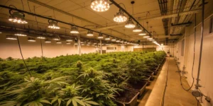 Indoor grow room with Bruce Banner Auto strain plants under LED lights, showcasing a clean and organized setup with advanced ventilation.