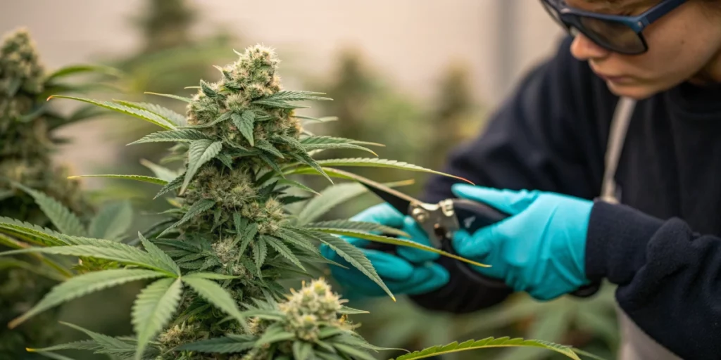 Close-up of a grower harvesting dense, resinous Bruce Banner Auto strain buds, highlighting meticulous trimming and premium quality.