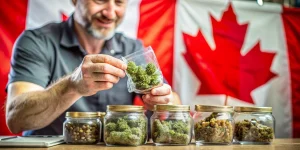 A customer inspects premium cannabis seed packaging at a Canadian seed bank, embodying the trust and quality promised when you Buy Cannabis Seeds Canada.