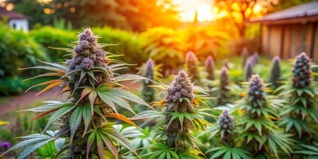 A close-up shot of thriving cannabis plants in a Canadian garden, showcasing the natural beauty and quality behind every product when you buy cannabis seeds canada.