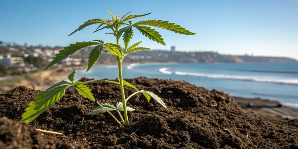 Close-up of Cannabis Seeds in San Diego emerging near a coastal backdrop.
