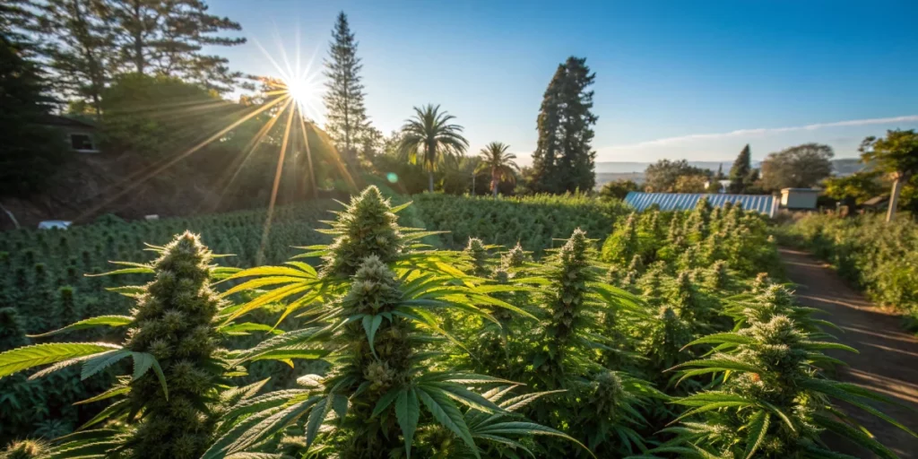 Outdoor cannabis garden highlighting fast flowering weed seeds in full bloom.