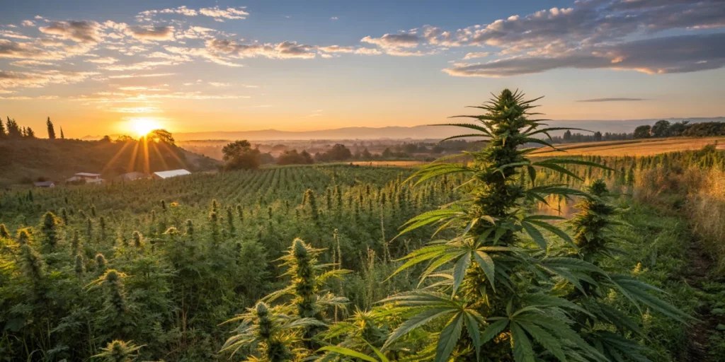 Outdoor garden of green crack punch strain plants glowing in the golden hues of a sunset.