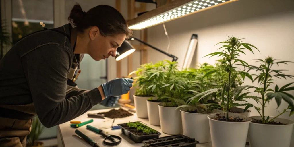 A detailed view illustrating how to choose cannabis seeds from a variety of seed packets and careful notes.