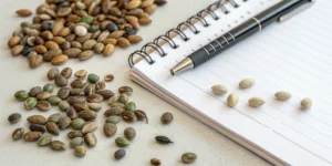A close-up shot showing how to choose cannabis seeds with clear seed packets and detailed labels.