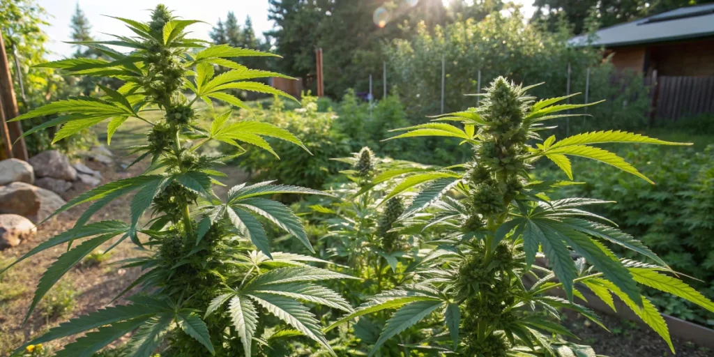 Outdoor cultivation of Super Bud strain with lush, healthy plants basking in natural sunlight