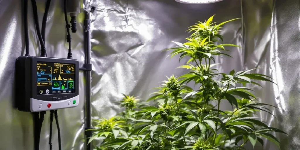 indoor autoflower grow tent with vpd sensors and climate monitoring devices