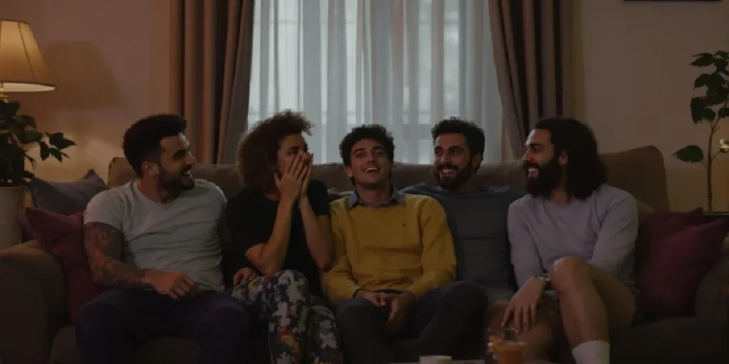 friends watching horror movies stoned together laughing