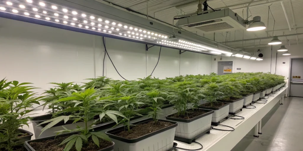 Indoor garden featuring frosty weed strains under LED lighting.