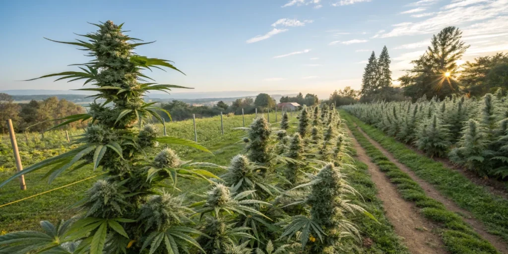 Outdoor display of frosty weed strains with robust, frosted buds.