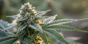 Close-up of frosty weed strains showcasing sparkling trichomes.