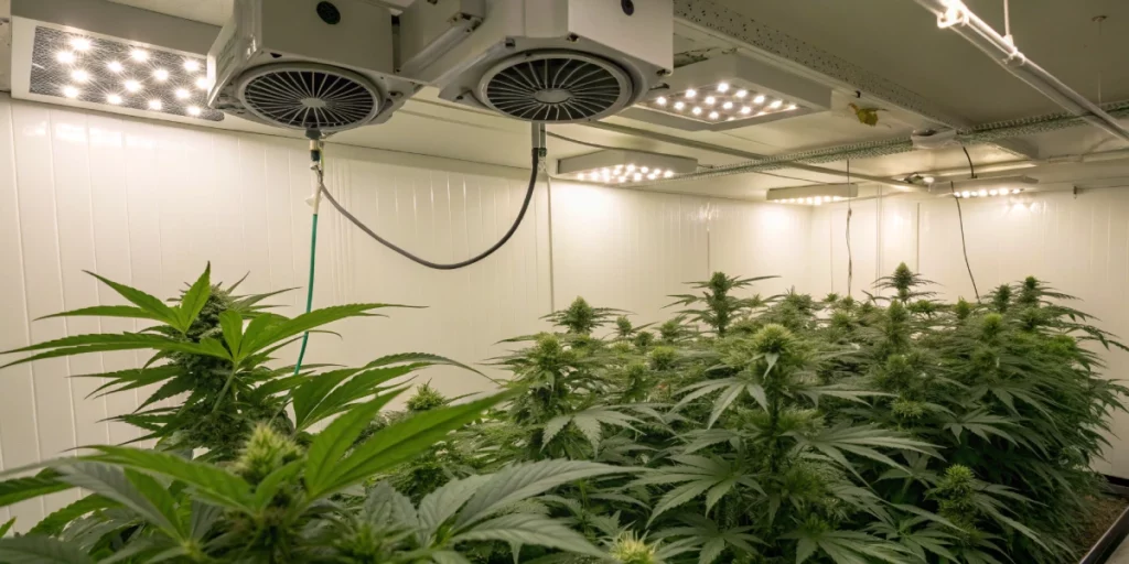 Indoor grow room with Amnesia strain plants under LED lighting and proper ventilation.