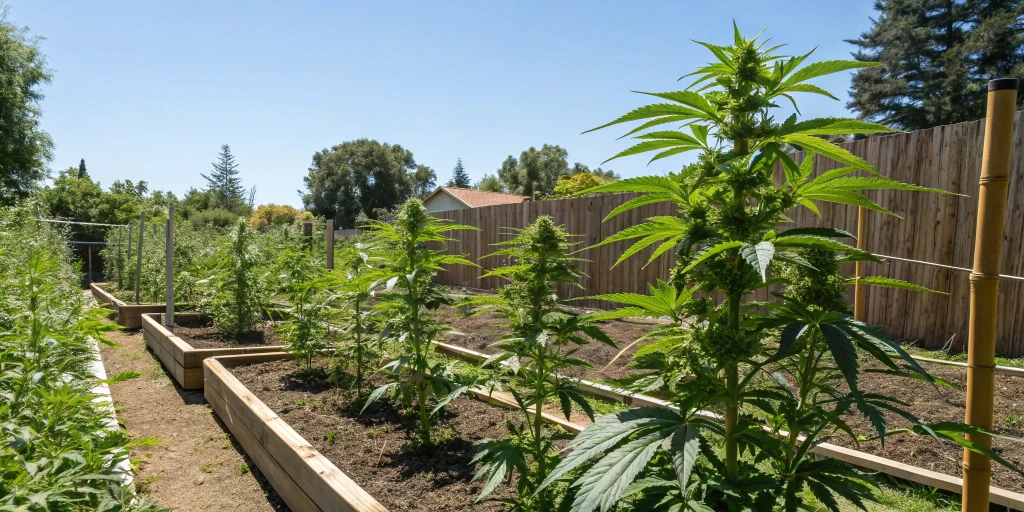 Outdoor cannabis garden with flourishing Critical Kush Auto plants, displaying large, dense buds under natural sunlight and healthy, green leaves.