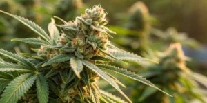 Close-up view of Arjans Ultra Haze 1 strain buds with sparkling trichomes and vivid colors.