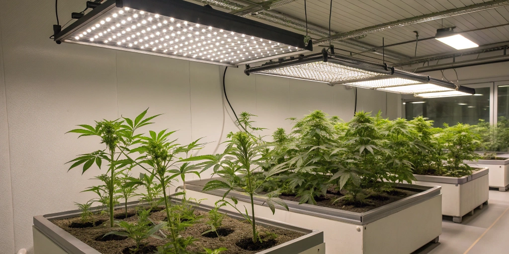 Indoor grow room featuring Auto Bomb strain plants at various stages, illuminated by LED lights in a controlled environment.