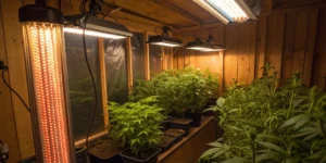 Indoor grow room set up for Auto Seed Winter with auto seed plants thriving under warm LED lighting and heaters in a cold season.