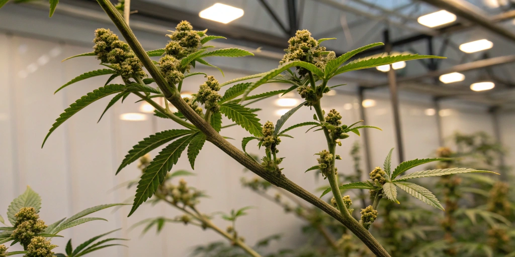 Side view of a Black Toffe Auto strain plant in early flowering stage, showing small buds with subtle toffee and citrus hues in a modern indoor grow setting.