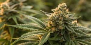 Close-up macro image of mature Black Toffe Auto strain buds with golden toffee and green hues, featuring dense resin and shimmering trichomes