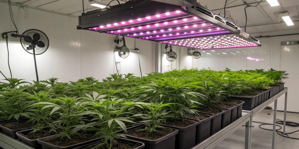 Indoor grow room featuring a vibrant canopy of Black Toffe Auto strain plants under full-spectrum LED lights, with organized equipment and fans visible.