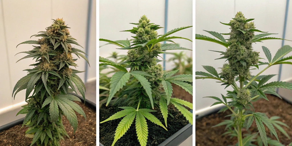 Week-by-week growth collage of Blue Haze x Gelato 41 auto strain illustrating stages from seedling to mature buds with detailed development.