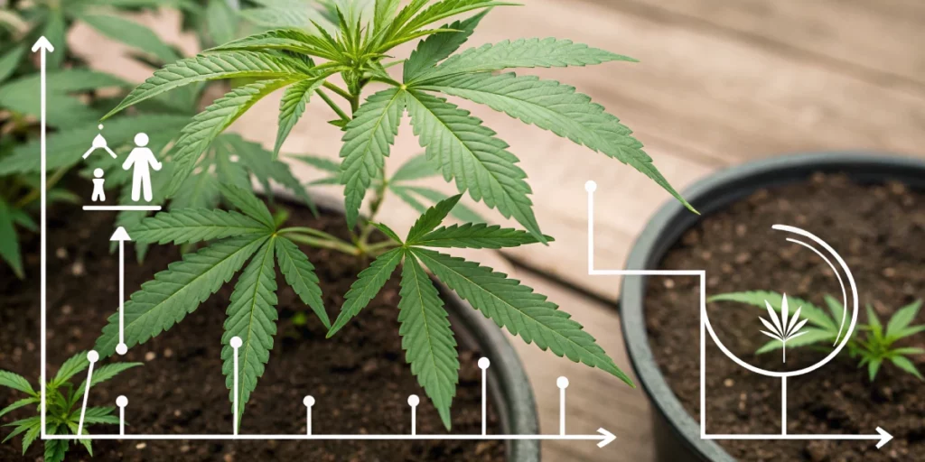 Infographic of breeding weed process detailing parental selection, crossbreeding steps, and phenotype analysis.