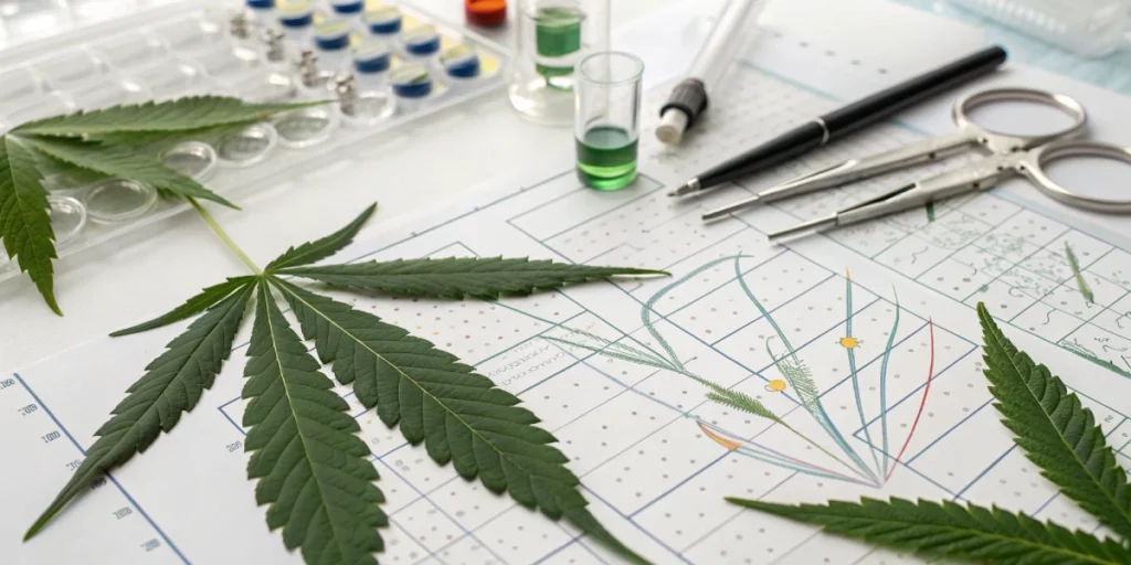 Close-up view of a lab setup for breeding weed with tools, charts, and cannabis leaves for genetic analysis.