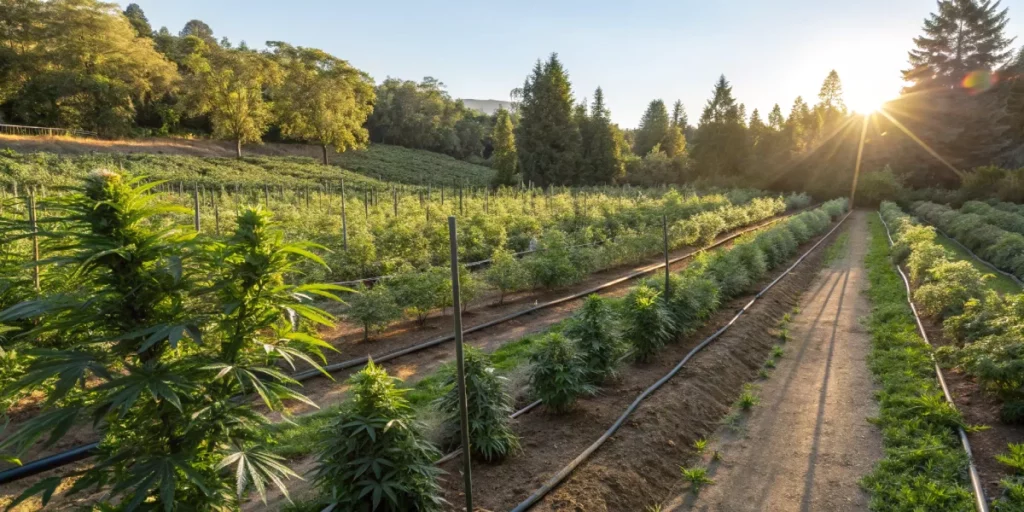 Outdoor cannabis garden featuring the easiest strains to grow, thriving under natural sunlight for a successful harvest