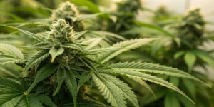 Close-up of dense, resinous Easy Bud Auto buds with vibrant green leaves and sparkling trichomes, showcasing quality and texture.