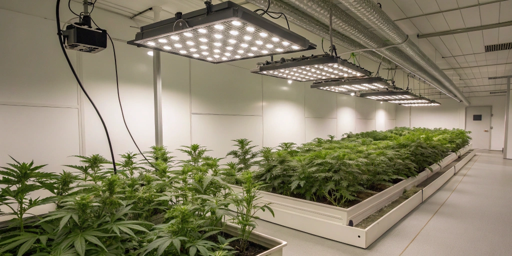 Indoor grow room with full-spectrum LED lights illuminating healthy auto-flowering cannabis plants in a neat, modern setup.