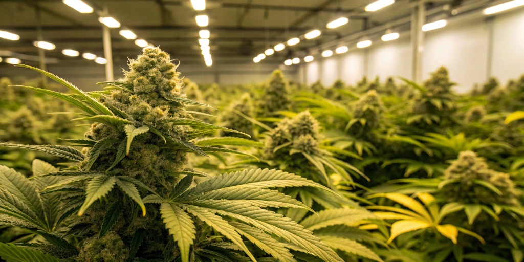 Detailed view of Lemon Diesel Auto buds showing a mix of lemon and diesel colors with frosty trichomes, set in a well-lit indoor grow space.