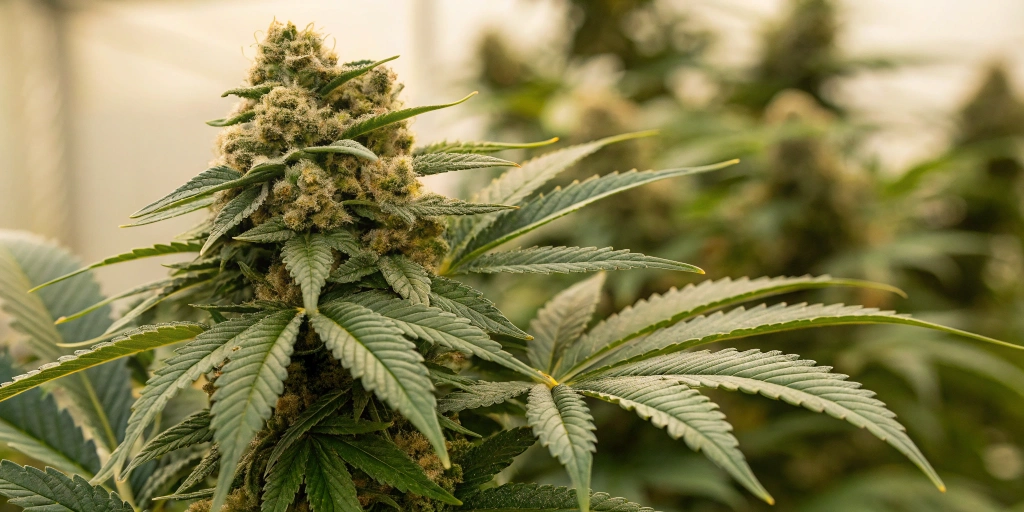 Artistic shot of Lemon OG Auto buds with dense, resinous flowers and lush green leaves against a softly blurred natural background, showcasing its classic appearance