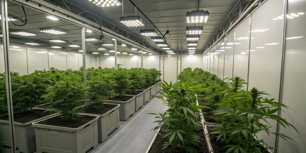 Indoor grow room with LED lighting and neatly arranged Exodus Cheese auto strain plants in a reflective, controlled environment.