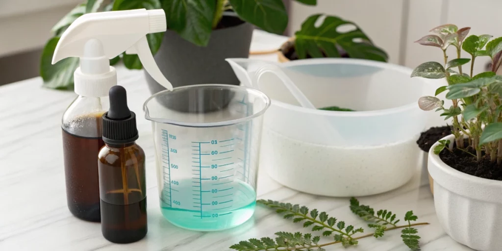 Preparing foliar spray for cannabis with essential ingredients and tools for precise application.