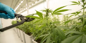 Close-up of Grabba tool trimming cannabis leaves, highlighting its precision and ergonomic design for efficient cultivation.