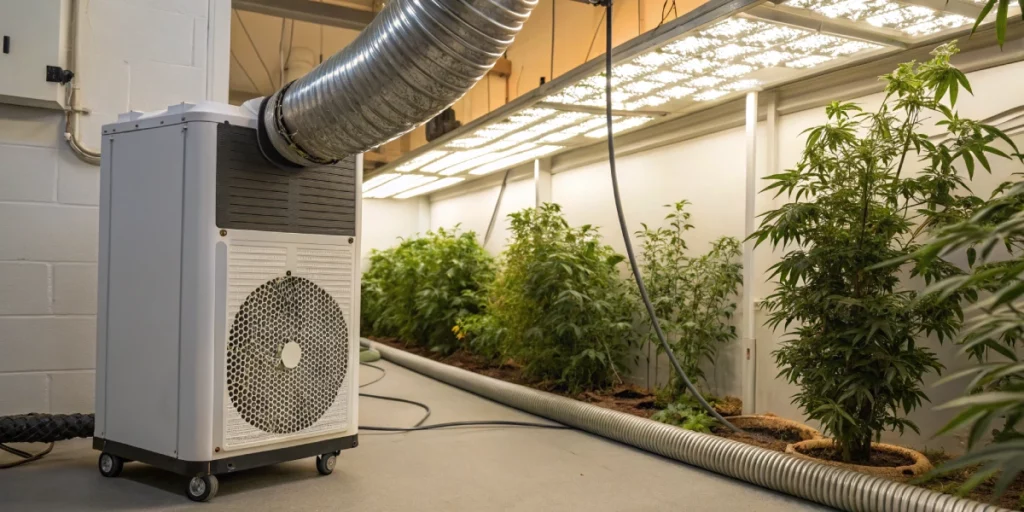 Proper installation of a grow room dehumidifier in an indoor cannabis setup, ensuring optimal humidity control