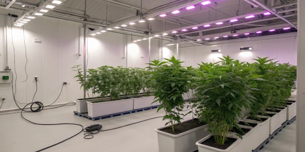 Indoor grow room with Guava Auto strain plants under full-spectrum LED lights and organized equipment.