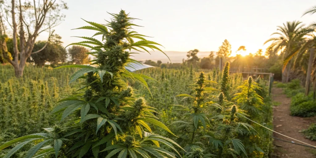 Outdoor cultivation of Guava Auto strain plants flourishing in natural sunlight with clear, healthy foliage.