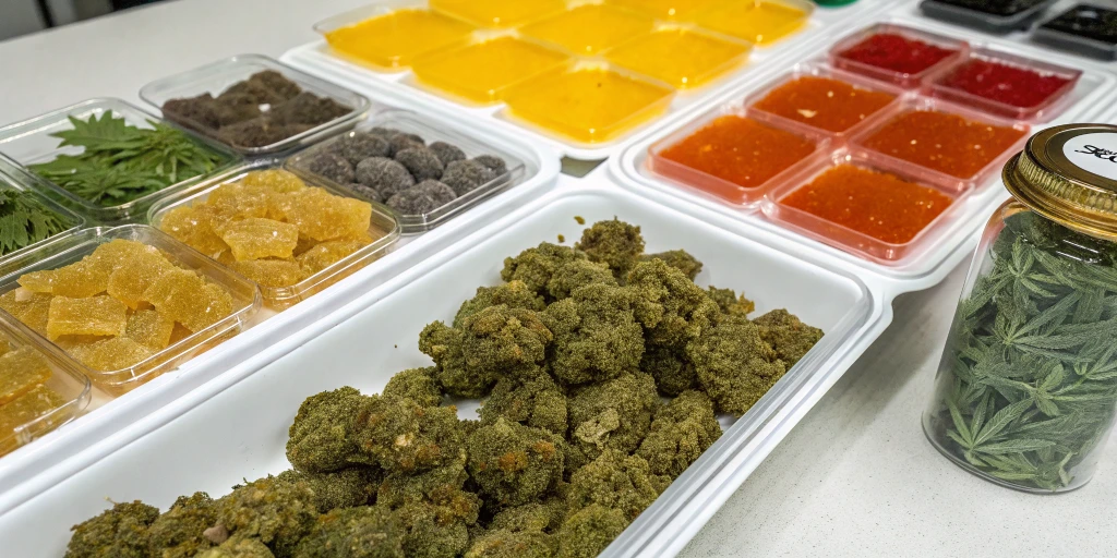 Display of auto-flowering strains Do-Si-Dos Auto, Wedding Cake Auto, and Blueberry Auto with distinct colors and textures on a clean surface.
