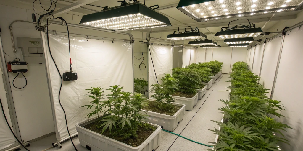 Indoor grow room with LED lighting and neatly arranged Highcloudz Auto strain plants thriving in a compact grow tent.